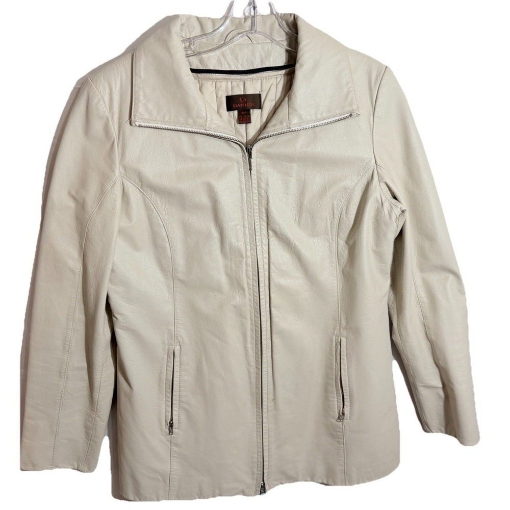 DANIER Leather Jacket Women‎ Beige Zip Front Collar Style Blazer S P